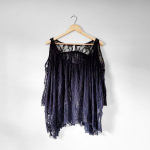 Free People Floral Embroidered Mesh Cold Shoulder Top in Black, Sz Med